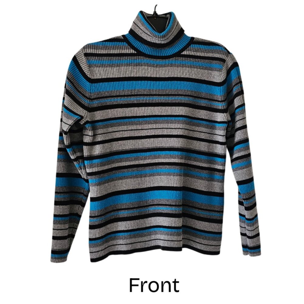 Petite Sophisticate LS Striped Ribbed Turtleneck Top | EUC | MP | Turquoise Blk